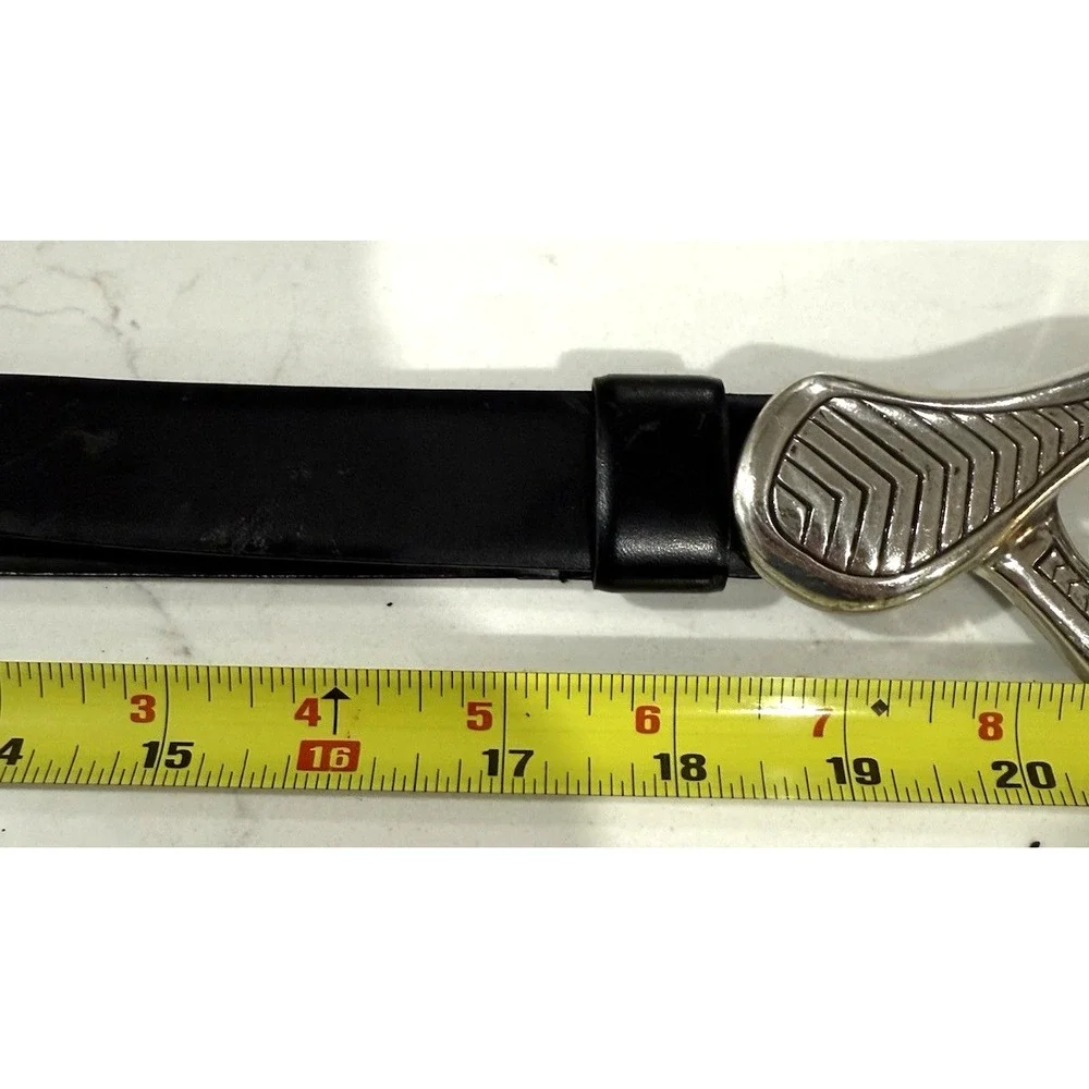 Chicos Vintage Metal Clasp Black Leather Adjustable Slide Belt Snake